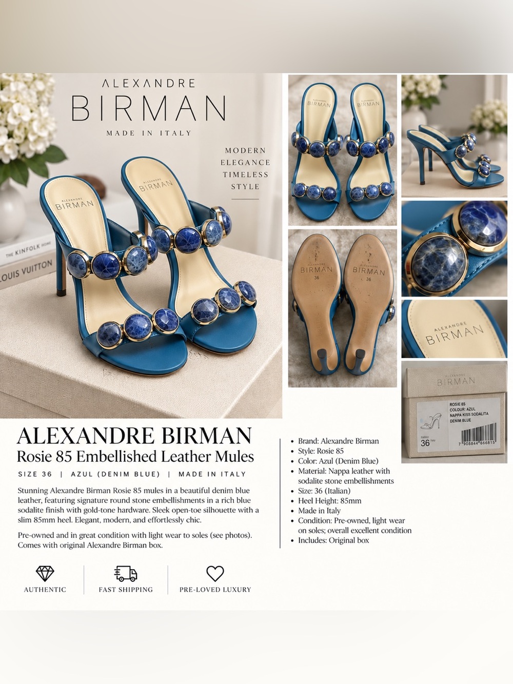 Alexandre Birman Denim Blue Rosie 85 Embellished Leather Mules